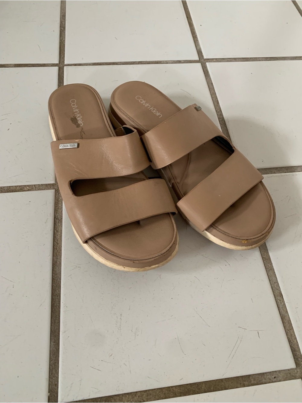 Calvin Klein Women's Beige Double-Strap Slide Sandals